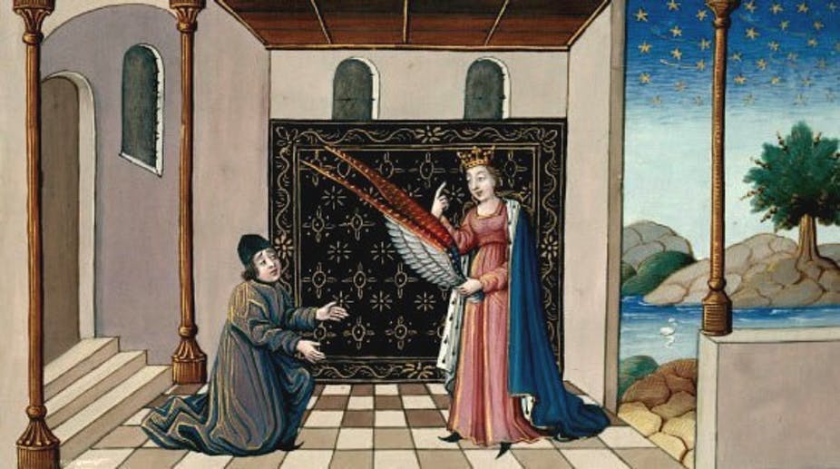 Lady Philosophy gives Boethius wings, anonymous French School 15th c.