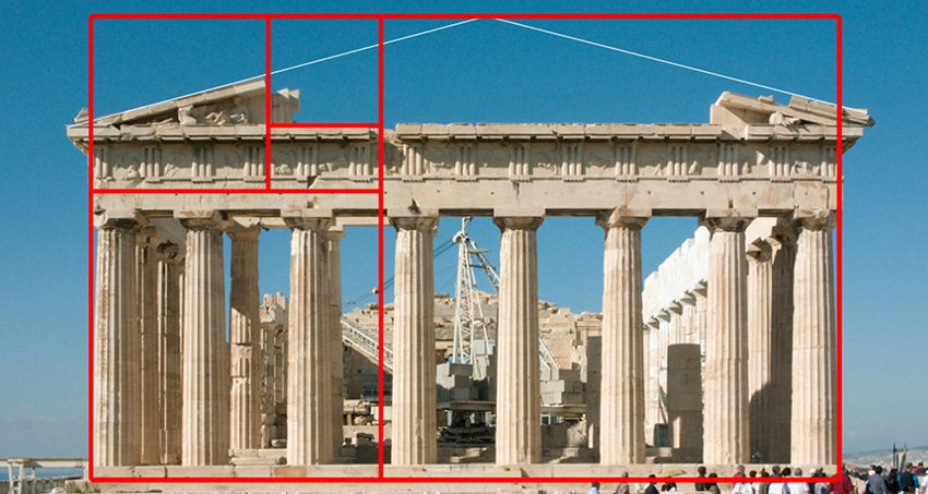 The Athenian Parthenon overlaid with a golden rectangle spiral.