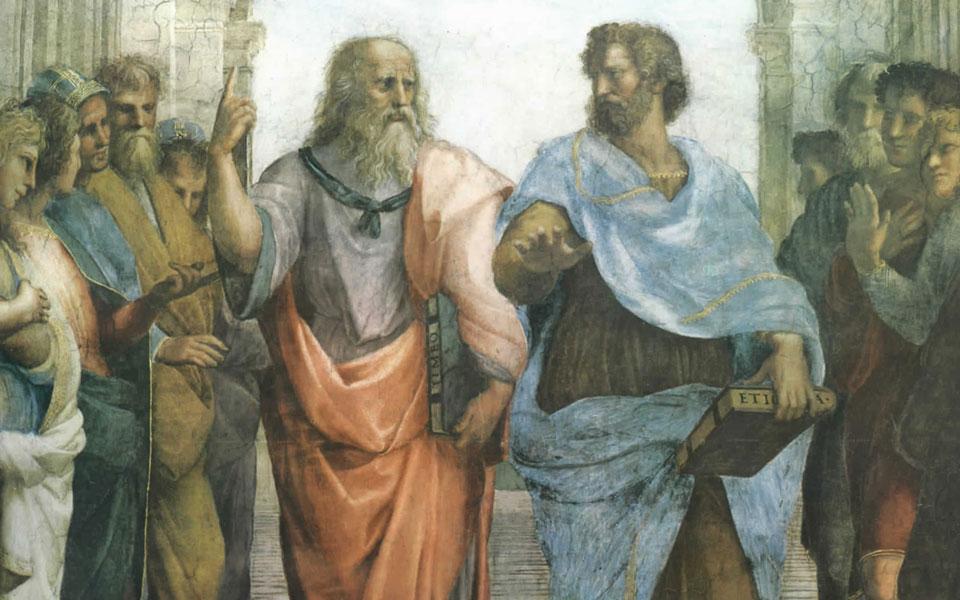Plato points up, Aristotle thinks 'flat' is better.