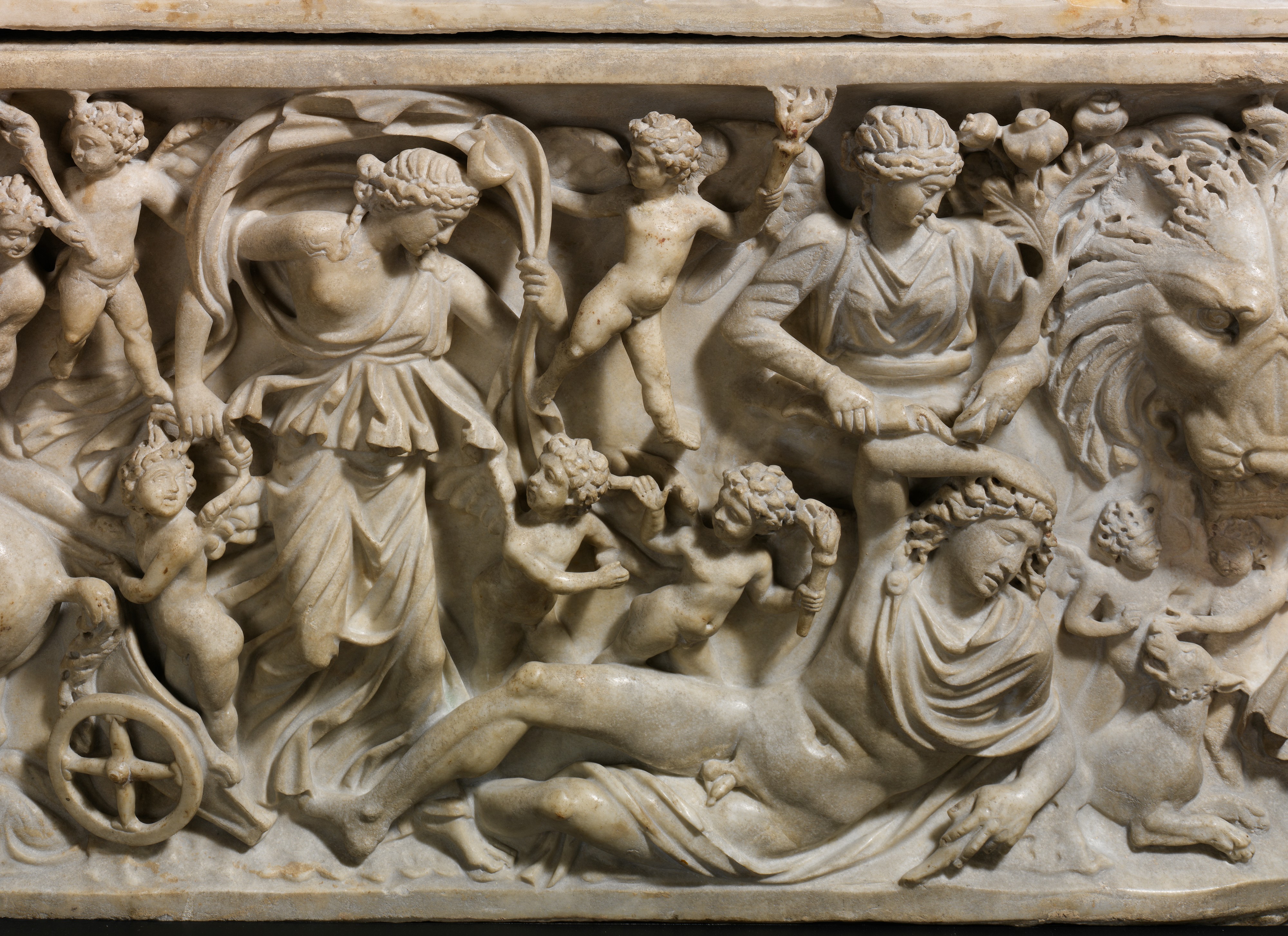 3rd cen CE Roman sarcophagus showing the myth of Selene and Endymion: note the lady pouring the potion of immortality on the sleeping youth, holding a bunch of poppies