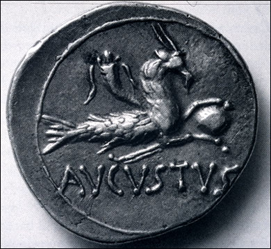 Denarius of the emperor Augustus, showing Capricorn holding the earth in his hooves, with a horn-of-plenty.