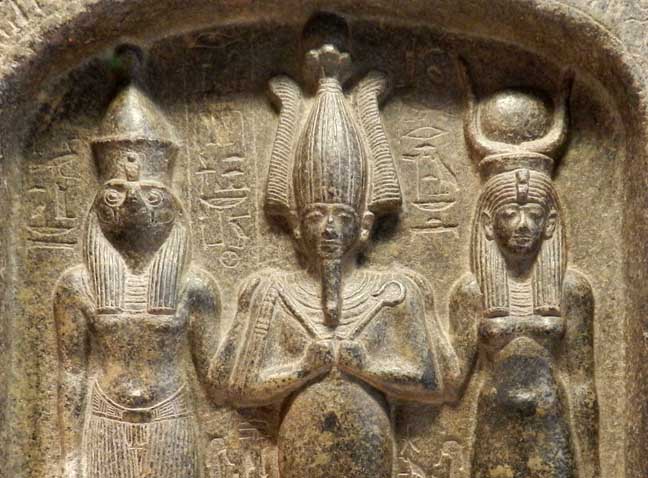 Diorite frieze of Horus, Osiris, and Isis, reign of Seti I (1294-1279 BCE), Louvre