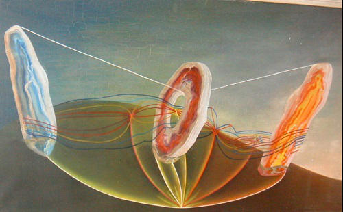 Ithell Colquhoun, The Sunset Birth, 1942. A painting of the Men-an-Tol megalith in West Penwith, Cornwall