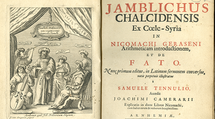 Frontispiece and title-page from an early-modern Latin translation of Iamblichus' commentary on Nichomachus' Introduction to Arithmetic; pictured are Iamblichus, Aristotle, Euclid, Ptolemy, Pythagoras, and Nicomachus