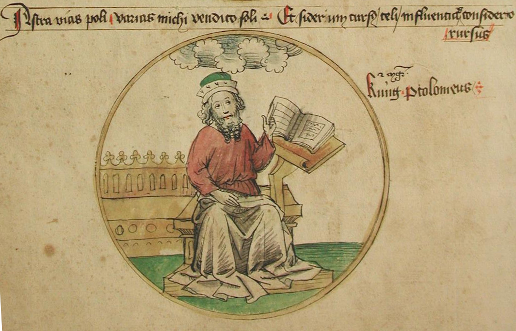 'King Ptolemy' as patron of the liberal art of astronomy, from an anonymous fifteenth-century MS (Unibibliothek Salzburg, M III 36 242 v), detail.
