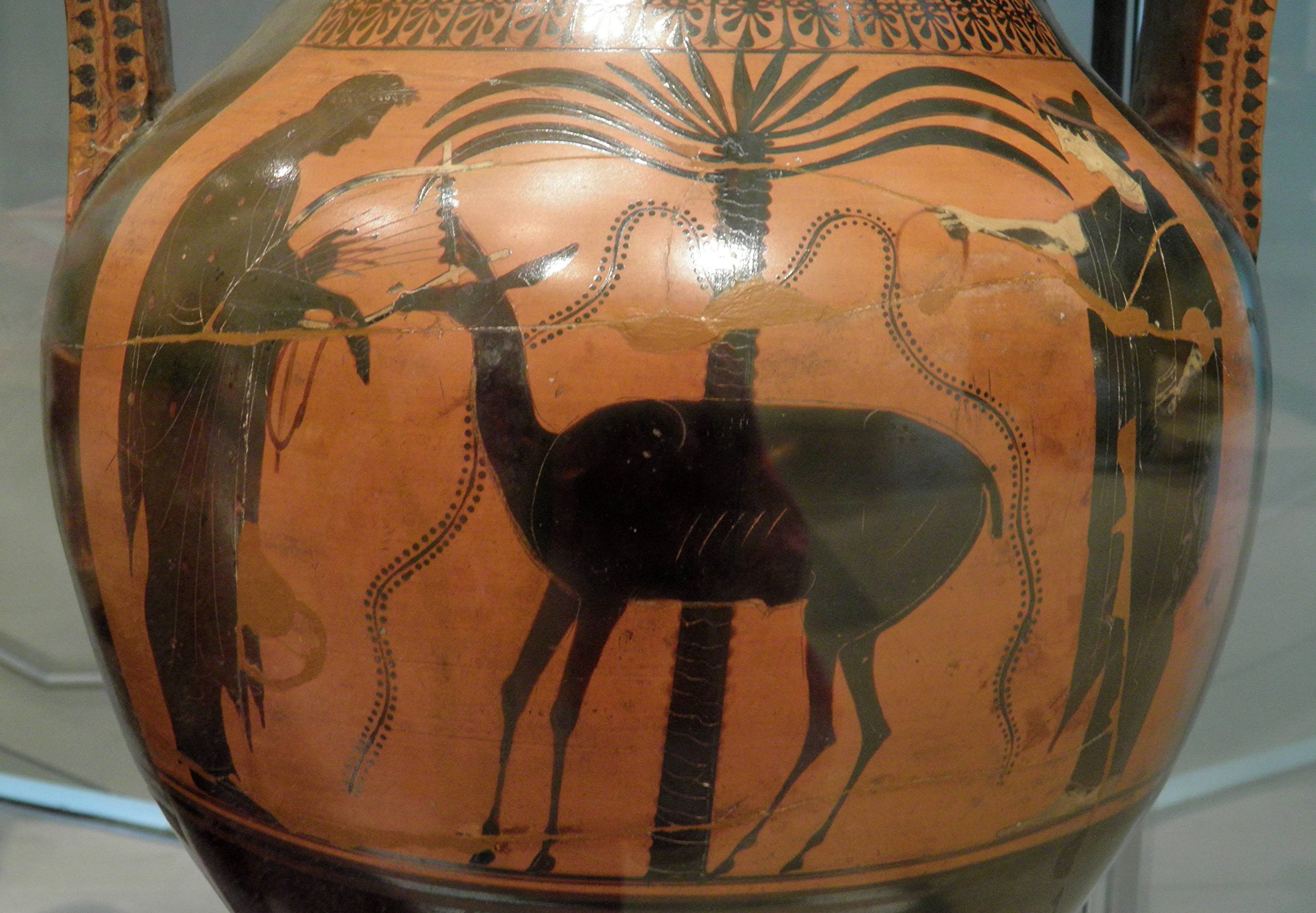 Athenian black-figure amphora showing Apollo, Leto, and an elegant deer with a palm tree (Ashmolean Museum, courtesy wikimedia)