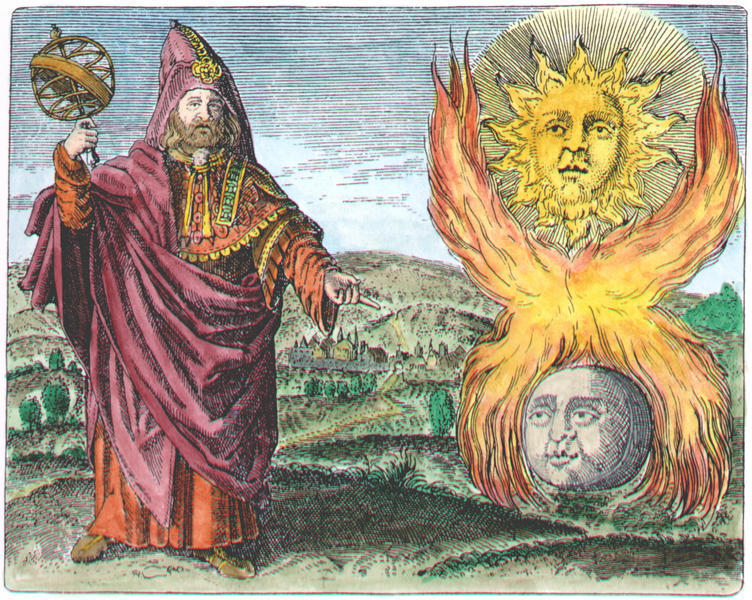Hermes Trismegistus illustrating what's going on between the Moon and the Sun, Daniel Stolcius (Daniel Stolz von Stolzenberg) Viridarium Chymicum, 1624.