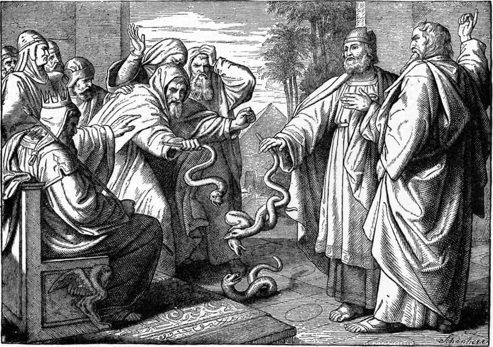 Charles Foster, Bible Pictures with Brief Descriptions (Philadelphia 1897). The Egyptians on the left miraculously producing snakes are sorcerers. Moses and Aaron, miraculously producing snakes on the right, are instruments of a divine miracle. See the difference?