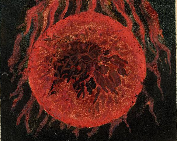 William Blake, The First Book of Urizen, plate 17, 1794. 'The globe of life blood trembled / Branching out into roots; / Fib'rous, writhing upon the winds; / Fibres of blood, milk and tears; / In pangs, eternity on eternity.'